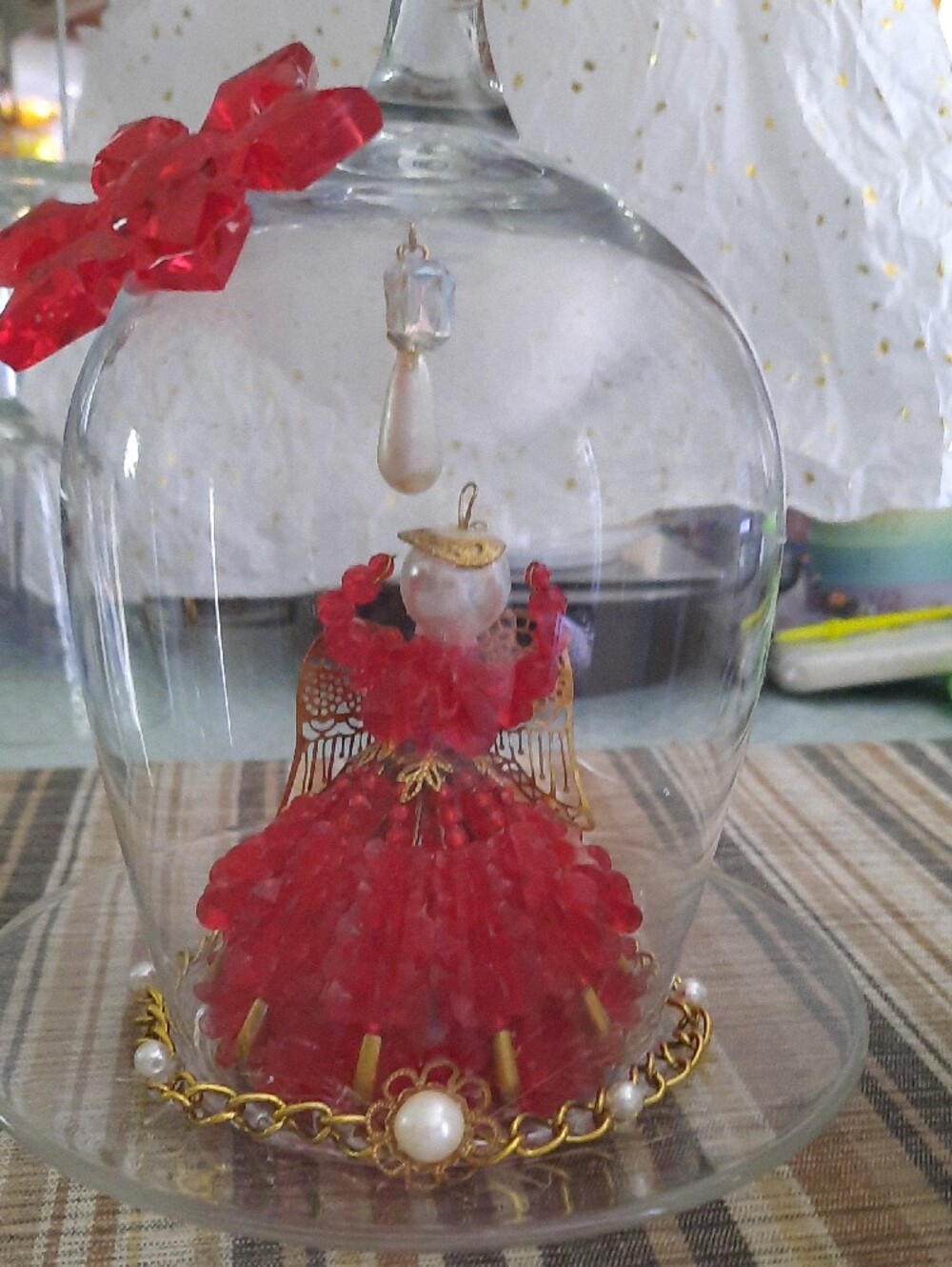 Red Handmade Bead-safety Pin Angel Wineglass Candle Holder - Picture 2 of 4